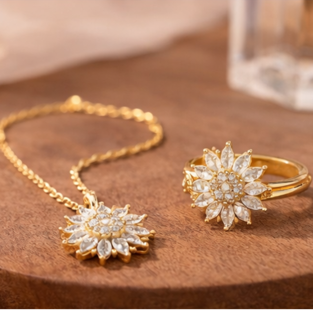 Kit Girasol Eterno: Collar y Anillo Giratorio🌻 Incluye Caja 🎁