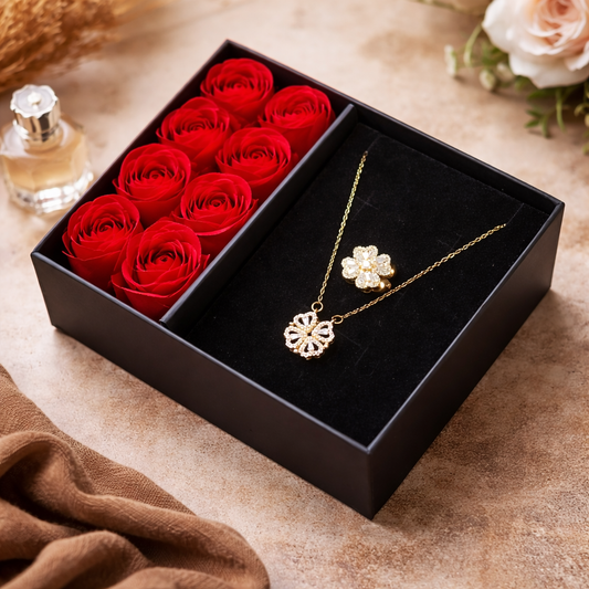 Kit Amor Infinito Completo: Collar y Anillo Giratorio + Rosas artificiales 🌹